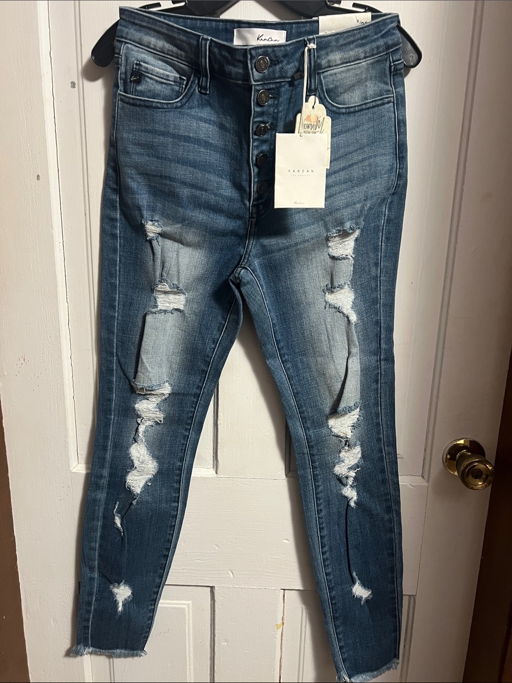 KanCan Women's Distressed Dark Blue High-Rise Skinny Jeans